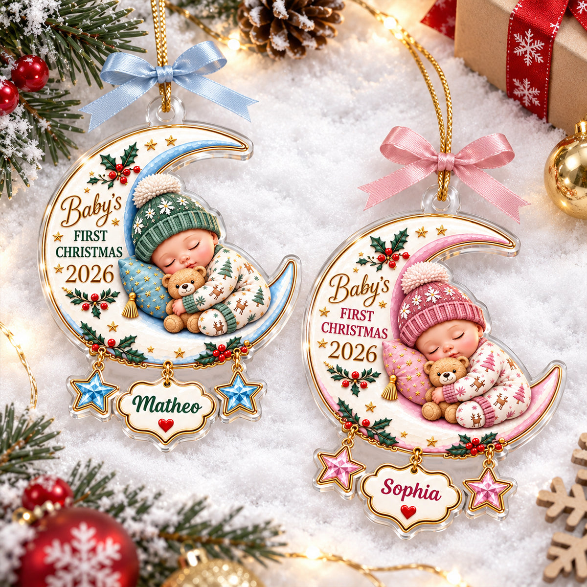 Baby's First Christmas Custom Name Moon & Star - Personalized Acrylic Ornament - Newborn Christmas Gift for New Parents