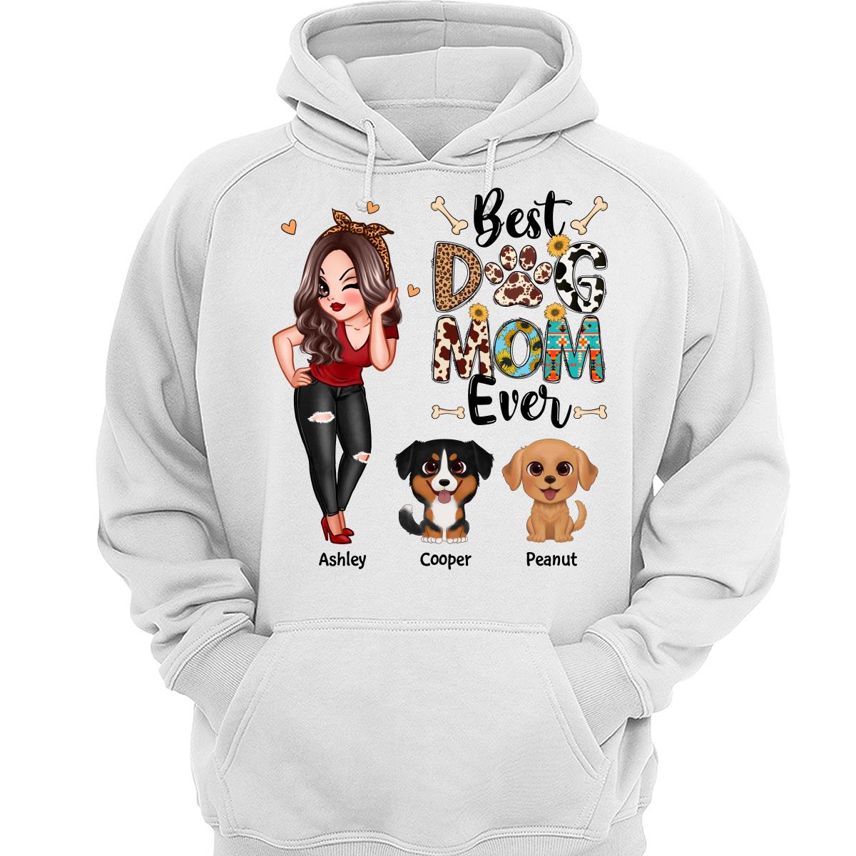 Best Dog Mom Ever Multi Pattern Pretty Girl & Cute Cartoon Sitting Dog Personalized Shirt