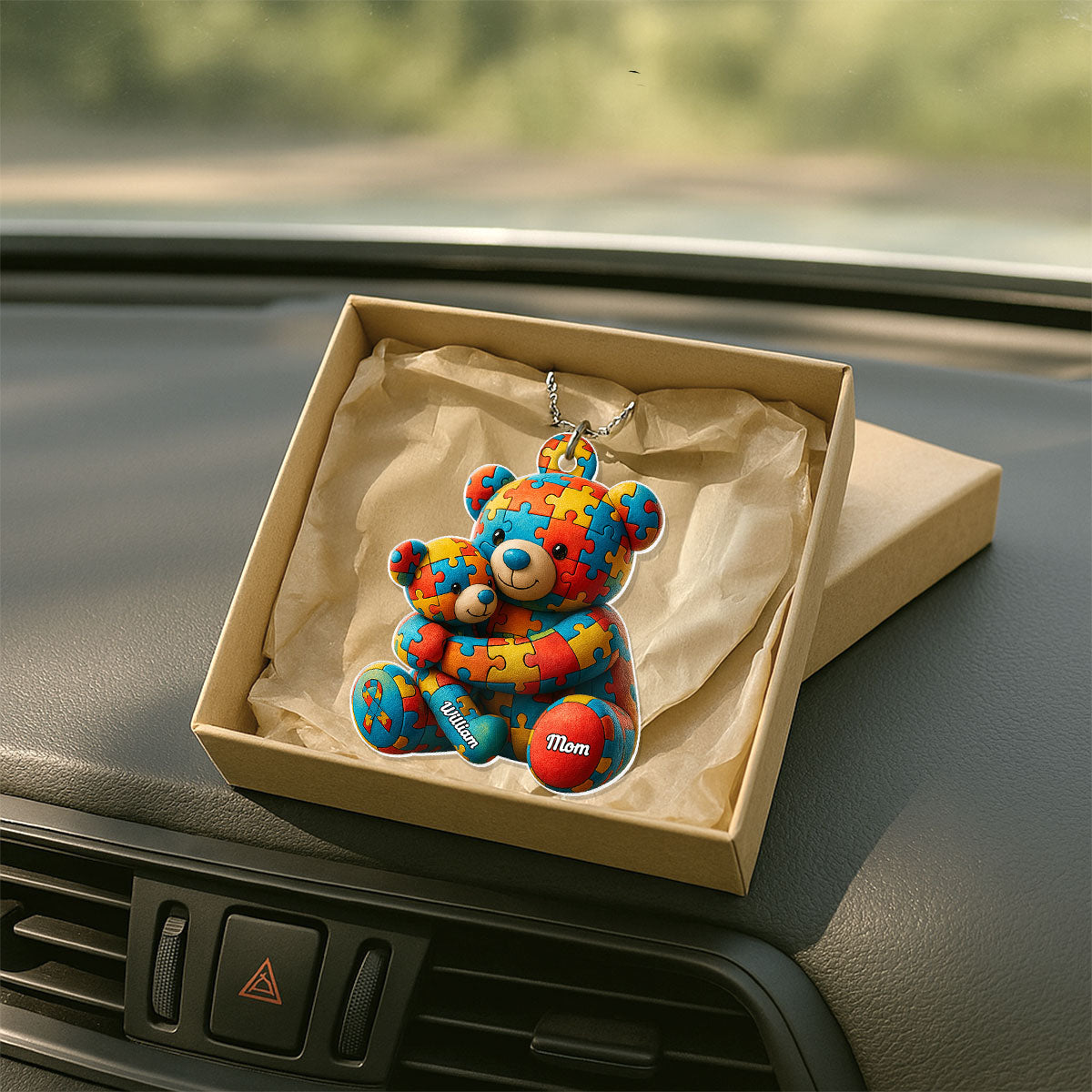 Autism Bear Mom & Kid Autism Awareness Personalized Car Hanger Ornament
