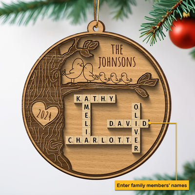 Family Tree Crossword Puzzle Art, Personalized 2-Layered Wooden Ornament
