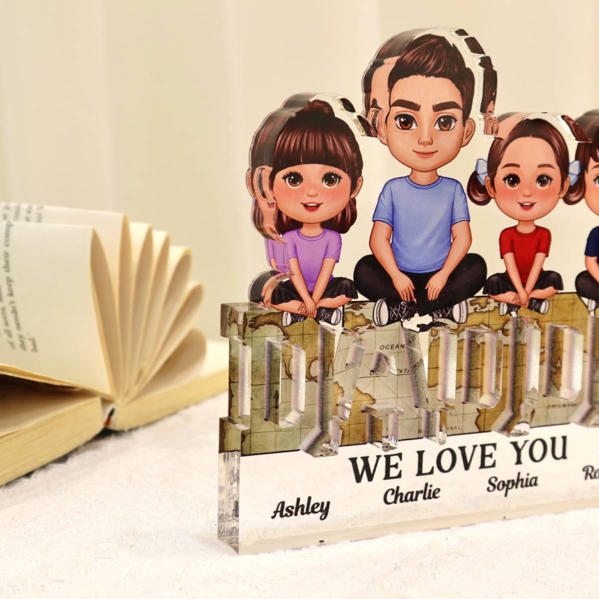 Daddy We Love You Dad & Kids Sitting On Word Personalized Acrylic Block Plaque