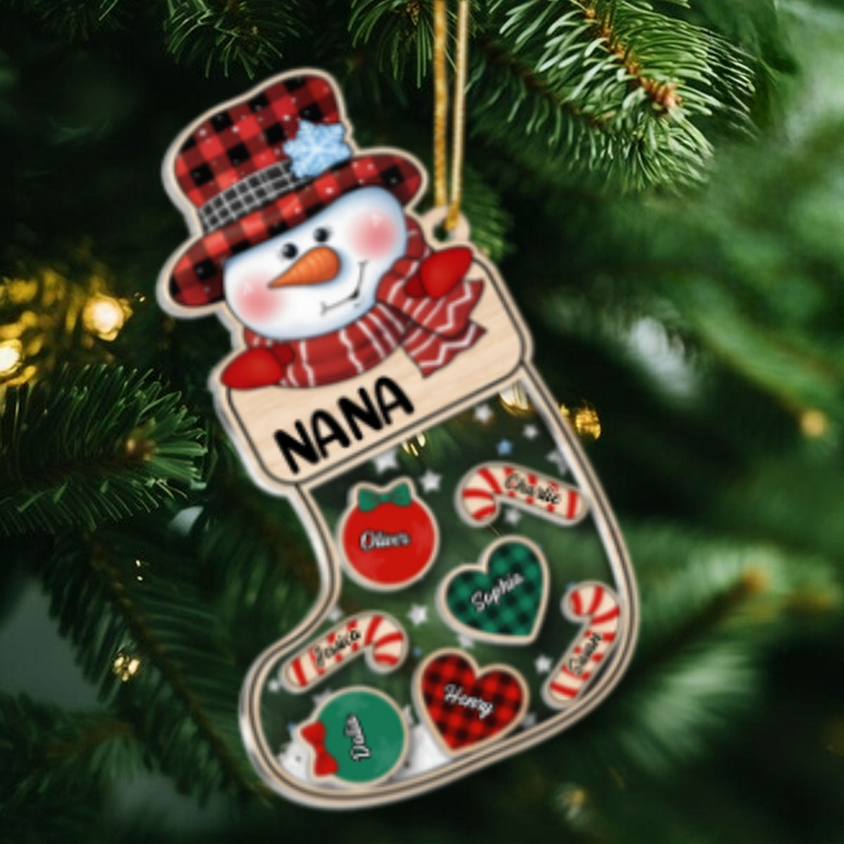 Grandma Snowman Kids In Christmas Socks Personalized Shaker Ornament