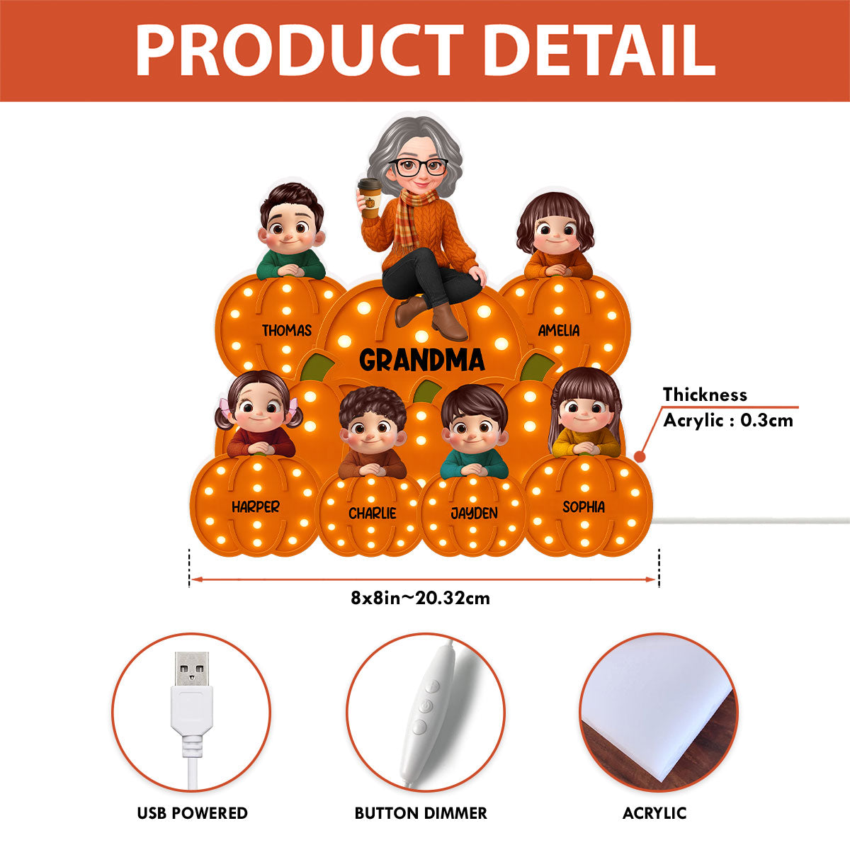Fall Season Grandma Grandkids On Marquee Pattern Texture Pumpkins Personalized LED Light Box