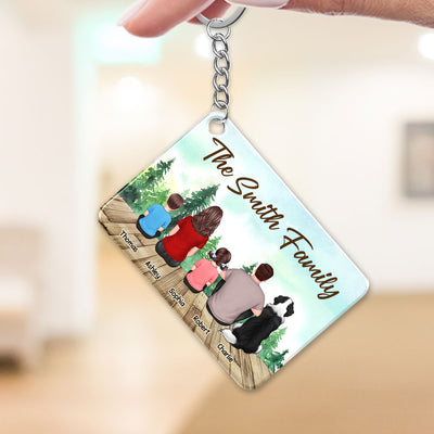 Whole Back View Family Couple Dad Mom Kids Dogs Cats Sitting Forest Personalized Acrylic Keychain