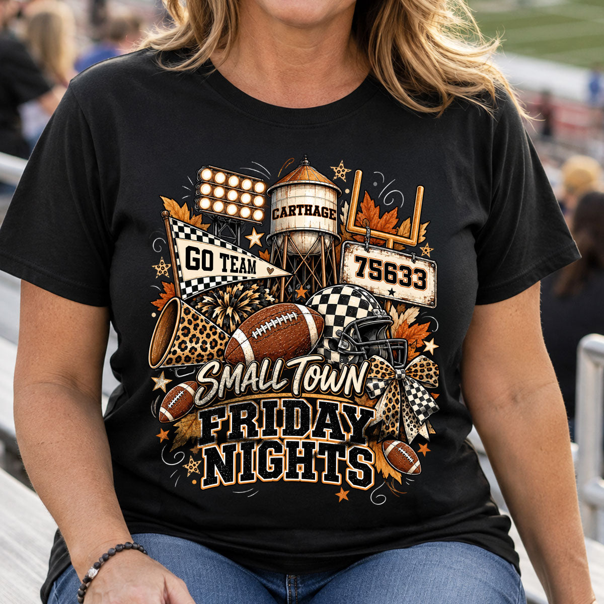 Small Town Friday Nights - Personalized Shirt - Trendy Fall Football Game Day, Custom Town Name, Zip Code
