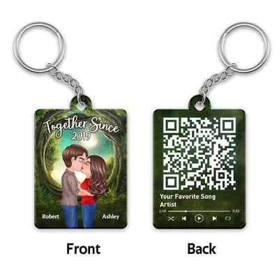 Doll Couple Kissing Green Tree Arch Favorite Song QR Code Personalized Acrylic Keychain