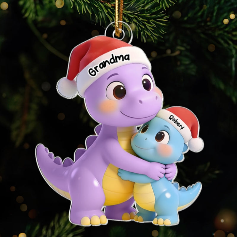 3D Effect Heartwarming Happy Grandmasaurus With Dinosaur Grandkid - Personalized Acrylic Car Hanger - Gift For Grandkids