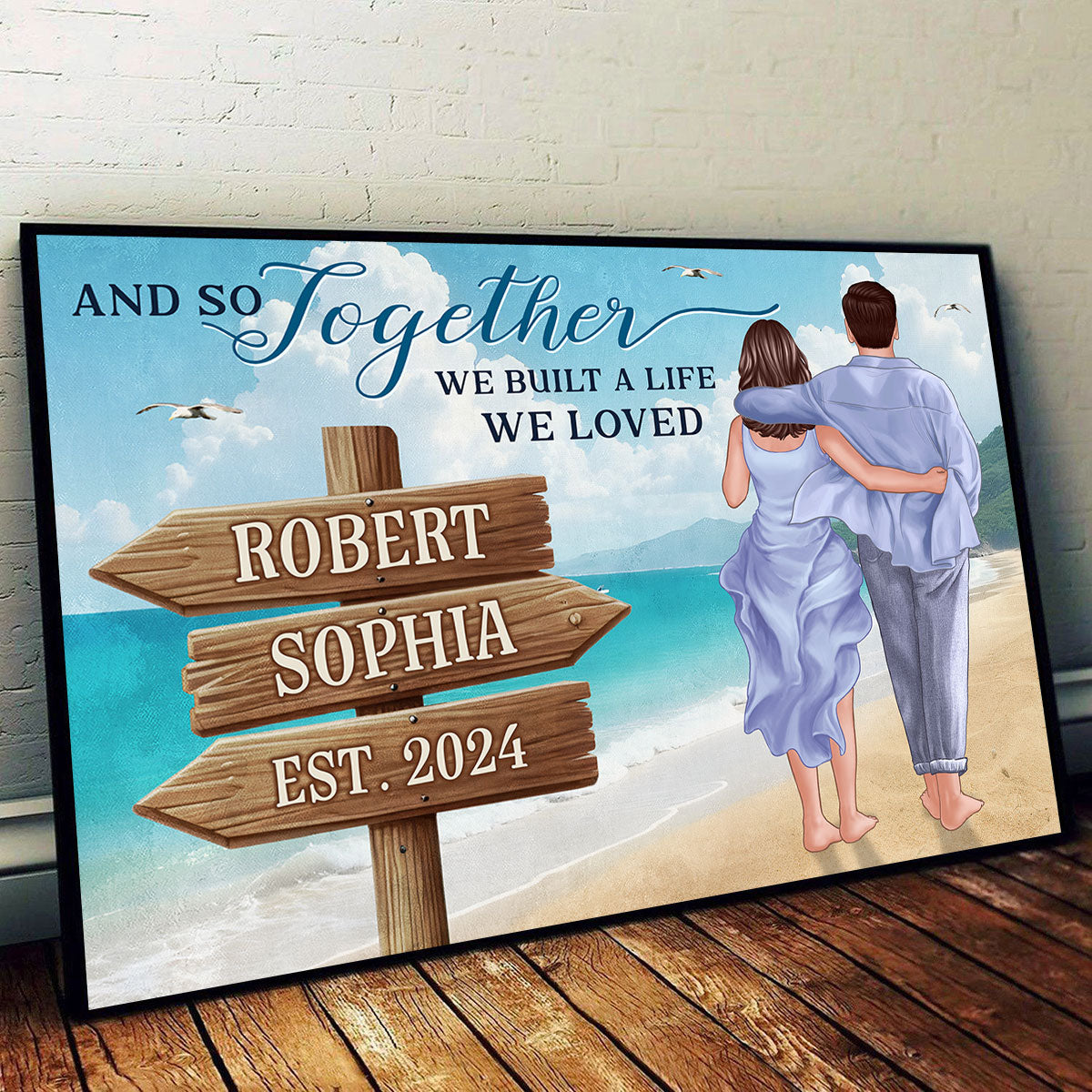 Couple Embracing And Walking On The Beach Personalized Poster, Heartfelt 2025  Gift For Couple, For Him, For Her, Boyfriend, Girlfriend, Husband, Wife
