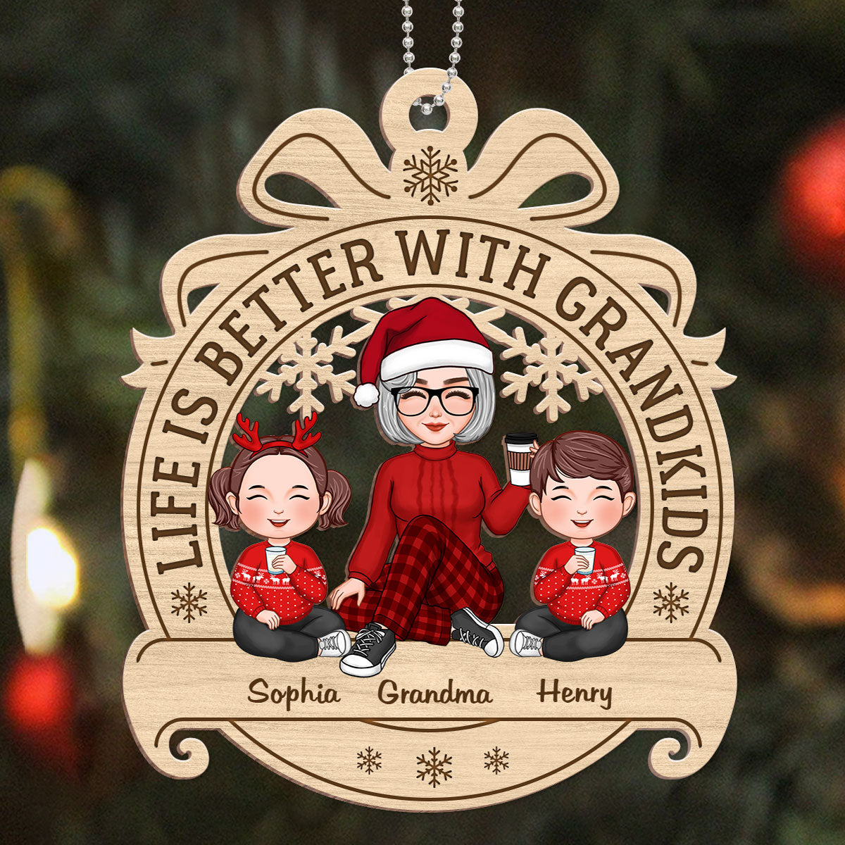 Cute Grandma Grandkids Sitting Ribbon Personalized Wooden Ornament