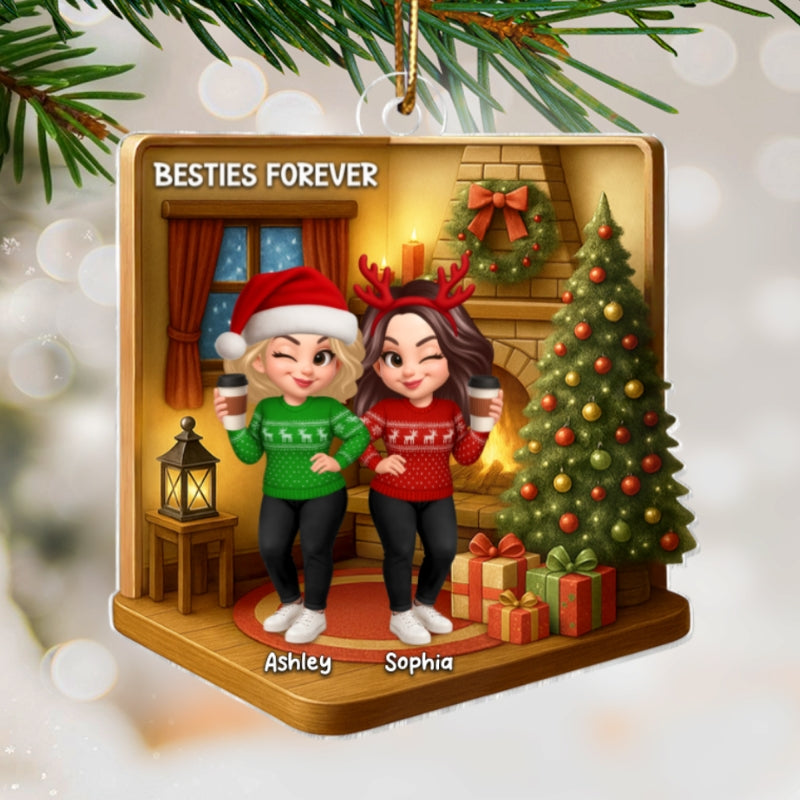 Christmas Besties Sisters In House 3D Effect Personalized Acrylic Ornament