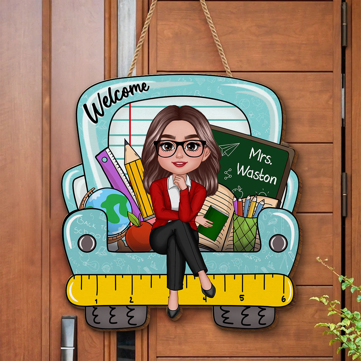 Doll Teacher Truck Back View Personalized Wood Sign, Back To School Gift