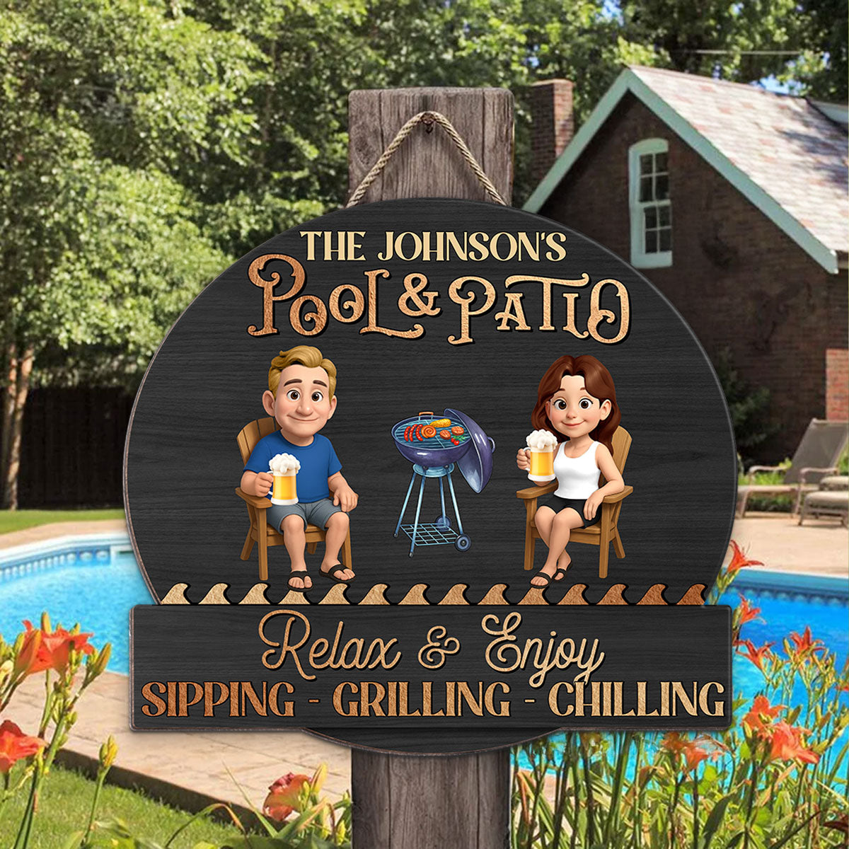 Summer Couple Pool & Patio Sipping Chilling - Personalized Custom Shaped Wood Sign