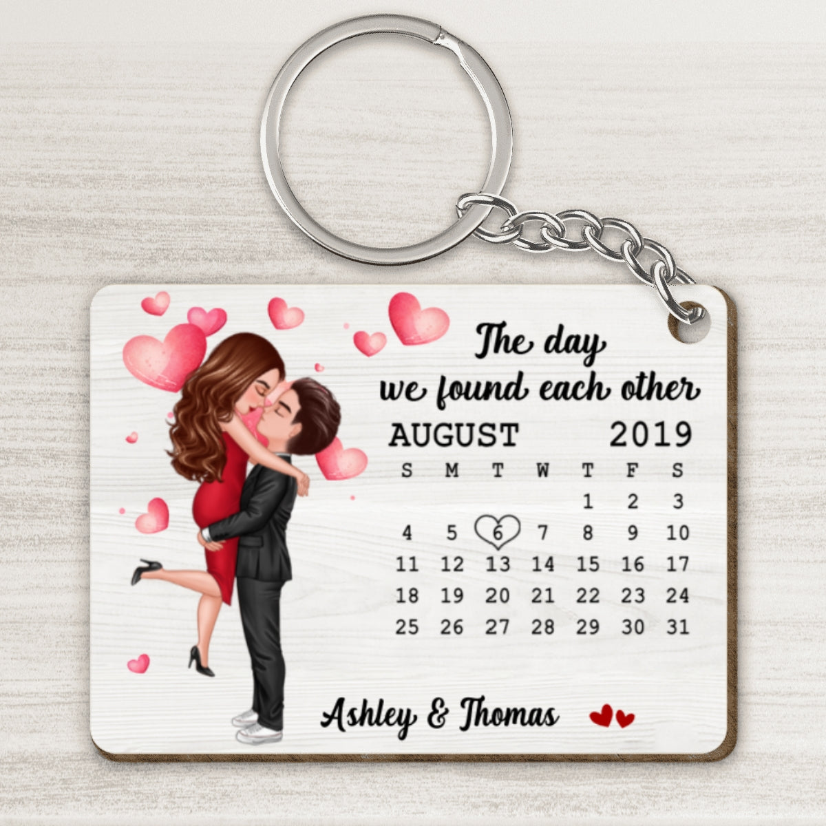 Doll Couple Hugging Kissing Calendar Anniversary Date Personalized Wooden Keychain