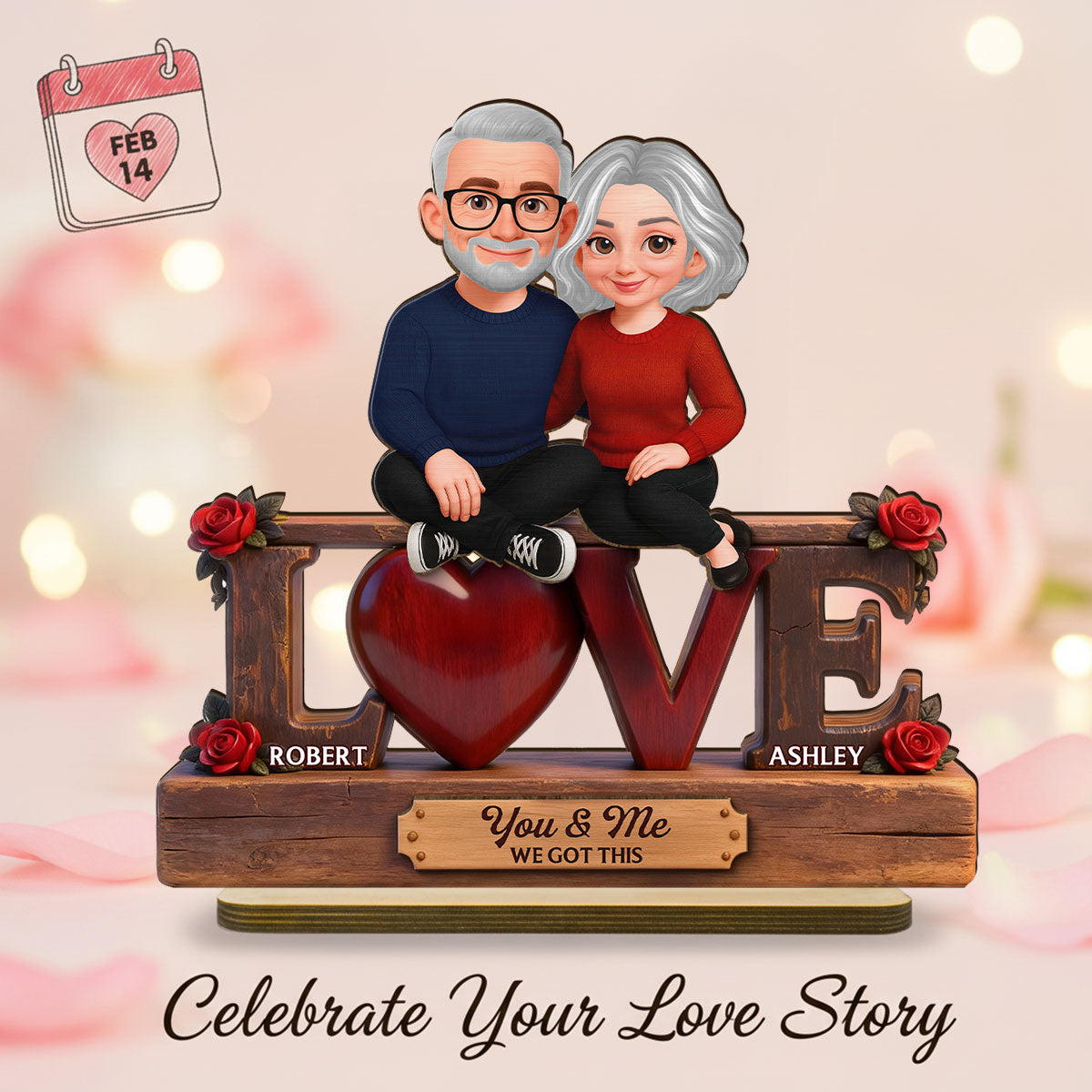 Roses LOVE Couple Sitting Embracing - Personalized 2-Layered Wooden Plaque - Valentine's Day Gift For Couple, For Him, For Her