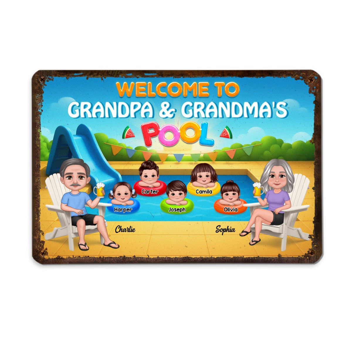 Summer Vibe Welcome To Grandpa Grandma Grandparents Pool Personalized Metal Sign