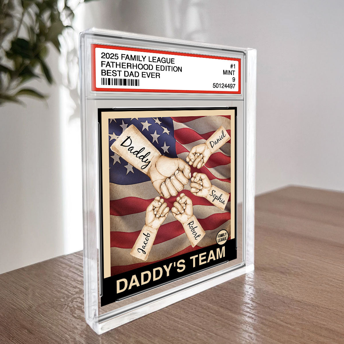 Daddy's Team Dad & Kids Fist Bumps Trading Card Style Personalized Acrylic Block Plaque