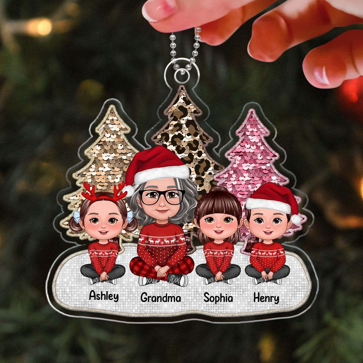 Pink Leopard Faux Sequin Effect Christmas Trees Grandma & Grandkids Crossed Legs Sitting Personalized Acrylic Ornament