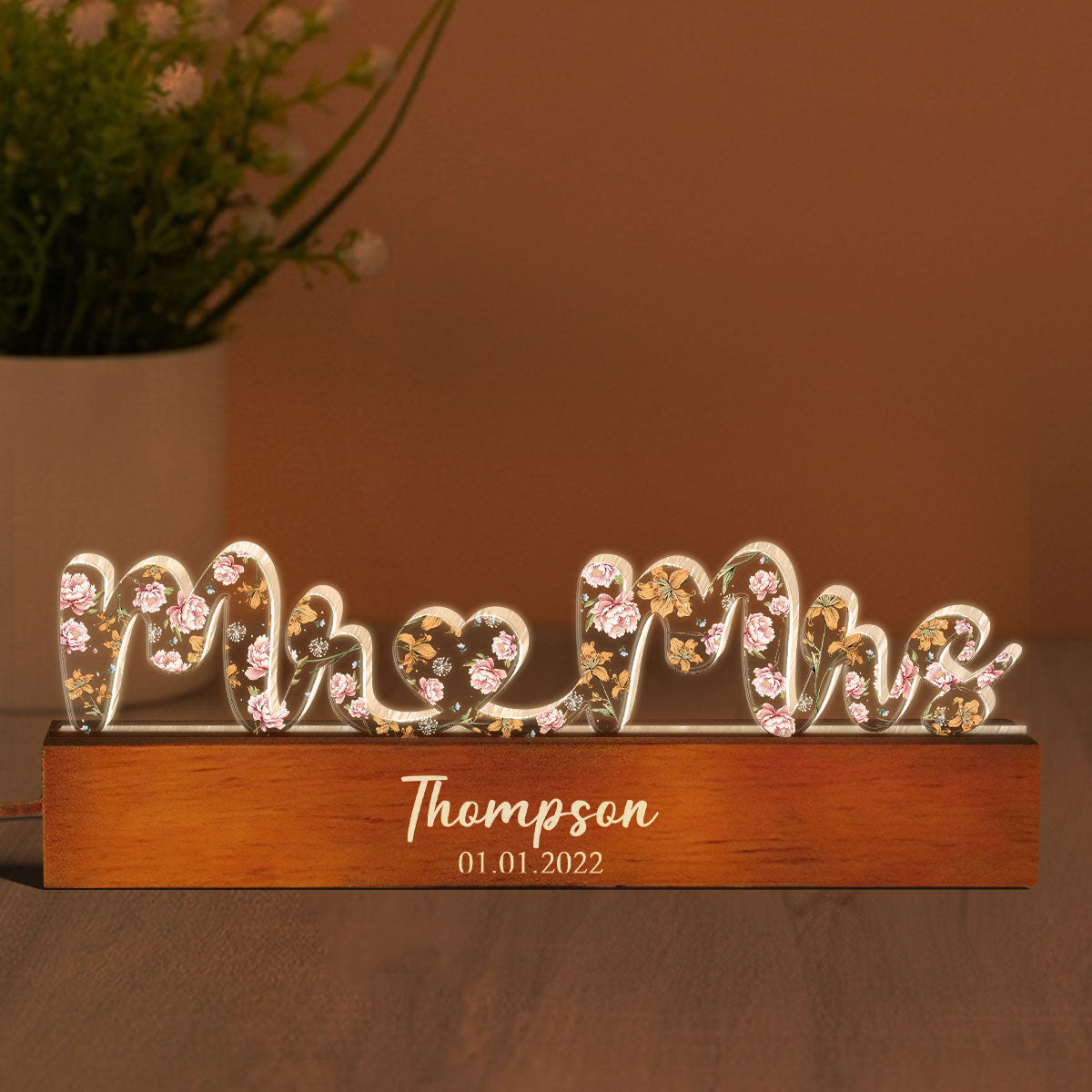 Mr & Mrs Wedding Anniversary  Gift for her & for him, Custom Flower Printed LED Night Light