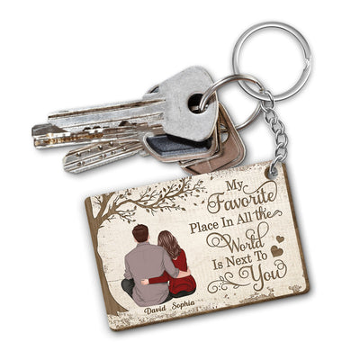Back View Couple My Favorite Place In All The World Is Next To You Personalized Wooden Keychain