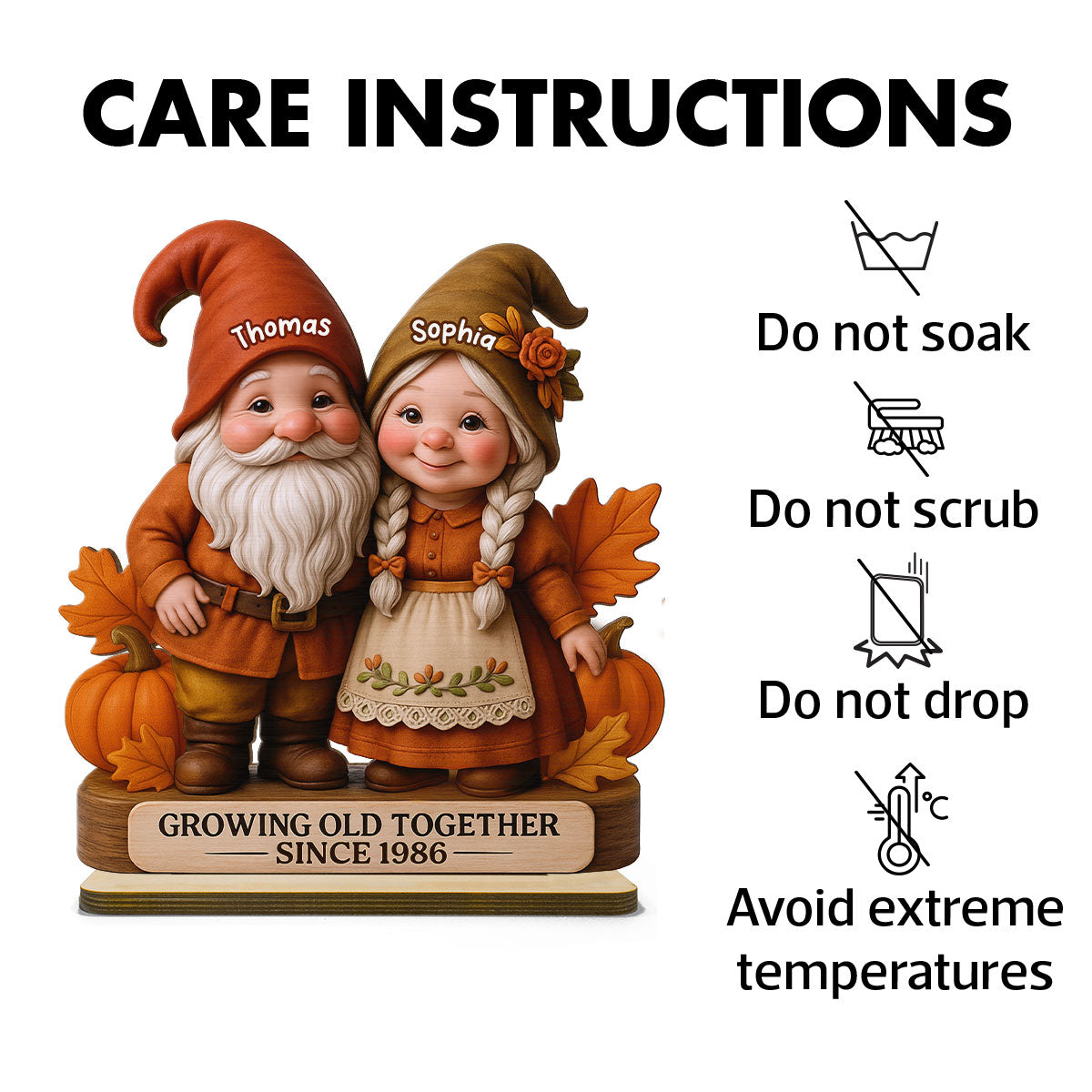 3D Effect Fall Season Gnome Couple Personalized Standing Wooden Plaque| Anniversary Gift, Birthday Gift, Wedding Gift For Couple