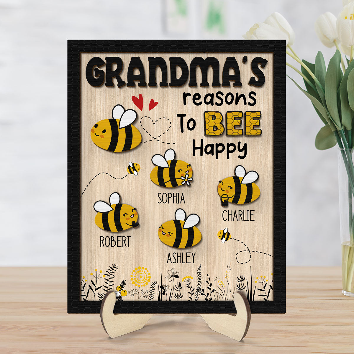 Grandma‘s Reason To Bee Happy Personalized 2-layer Wooden Plaque