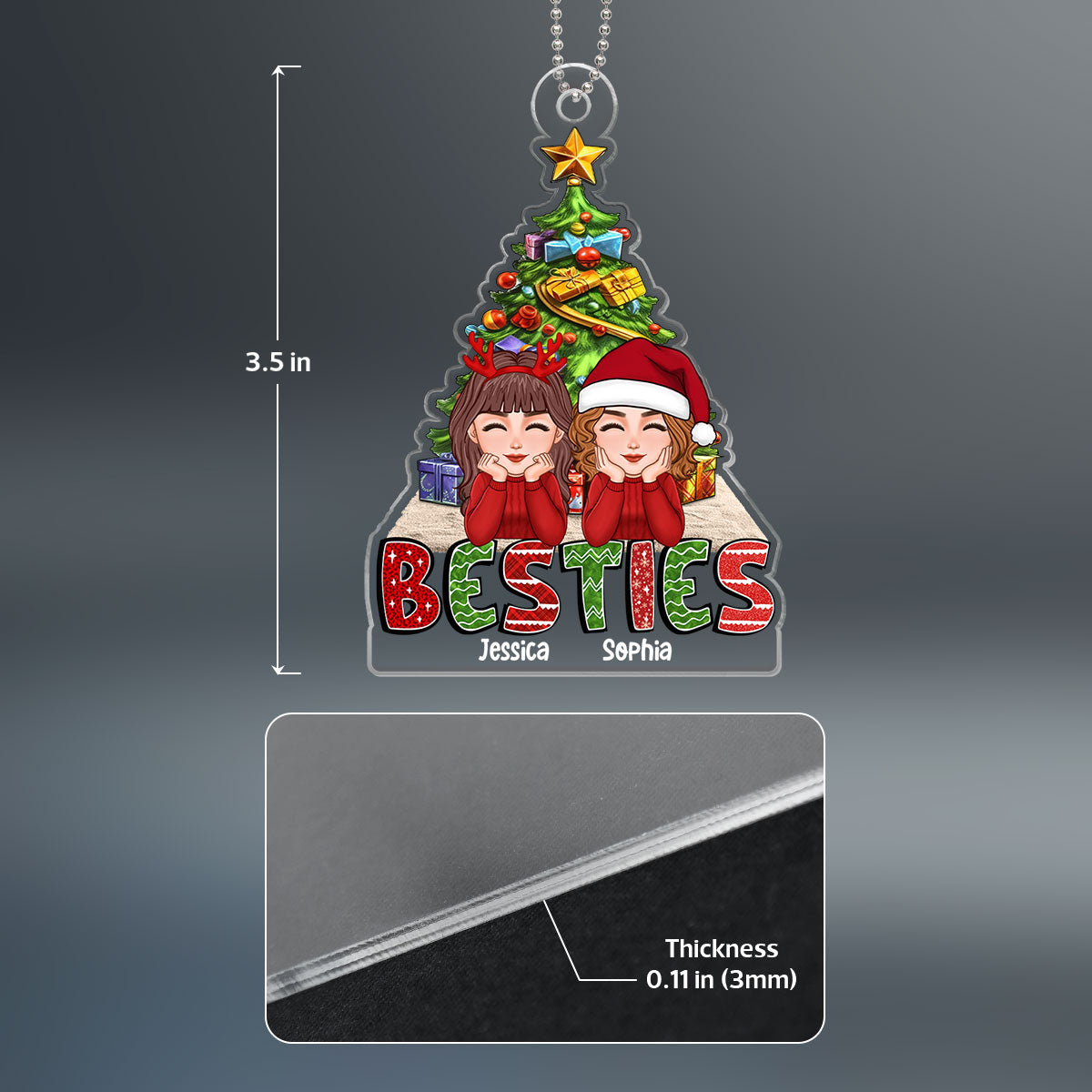 Doll Besties Sisters Chin On Hands Under Christmas Tree Personalized Acrylic Ornament