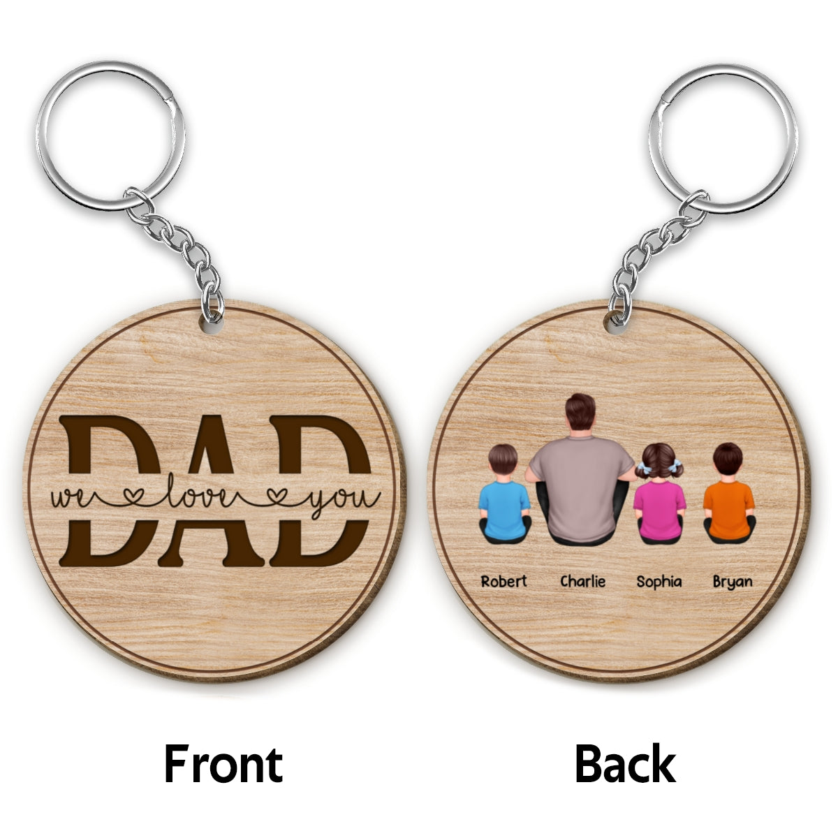 Dad We Love You Back View Sitting Man Kids Dog Cat Personalized Round Wooden Keychain