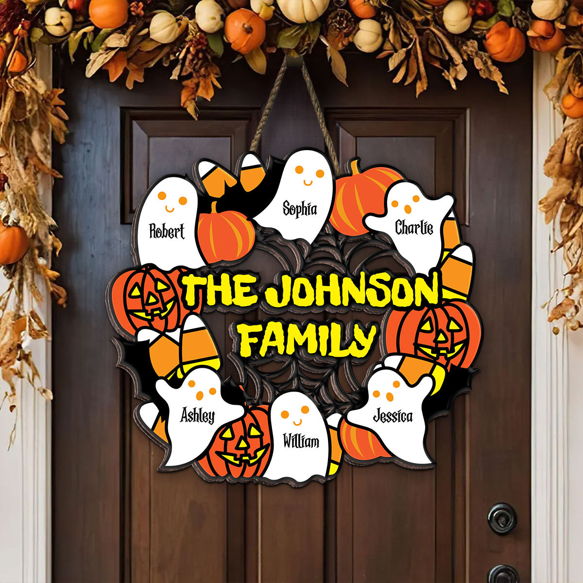 Halloween Family Wreath Shaped Personalized Wood Sign