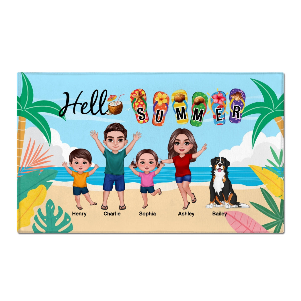 Hello Summer Beach Landscape Family Personalized Doormat, Summer Decoration