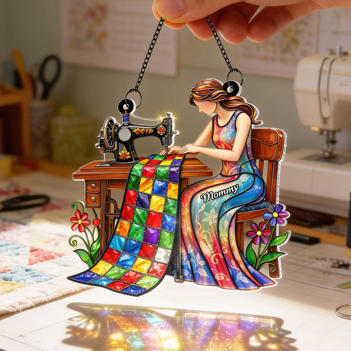 Mom Grandma Sewing Colorful Quilt - Personalized Acrylic Window Hanging - Gift For Mom, Grandma