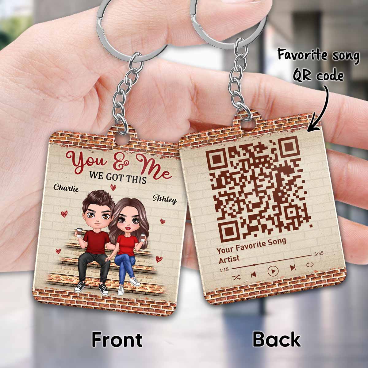 Brick Background Doll Couple Favorite Song Scannable QR Code Personalized Acrylic Keychain