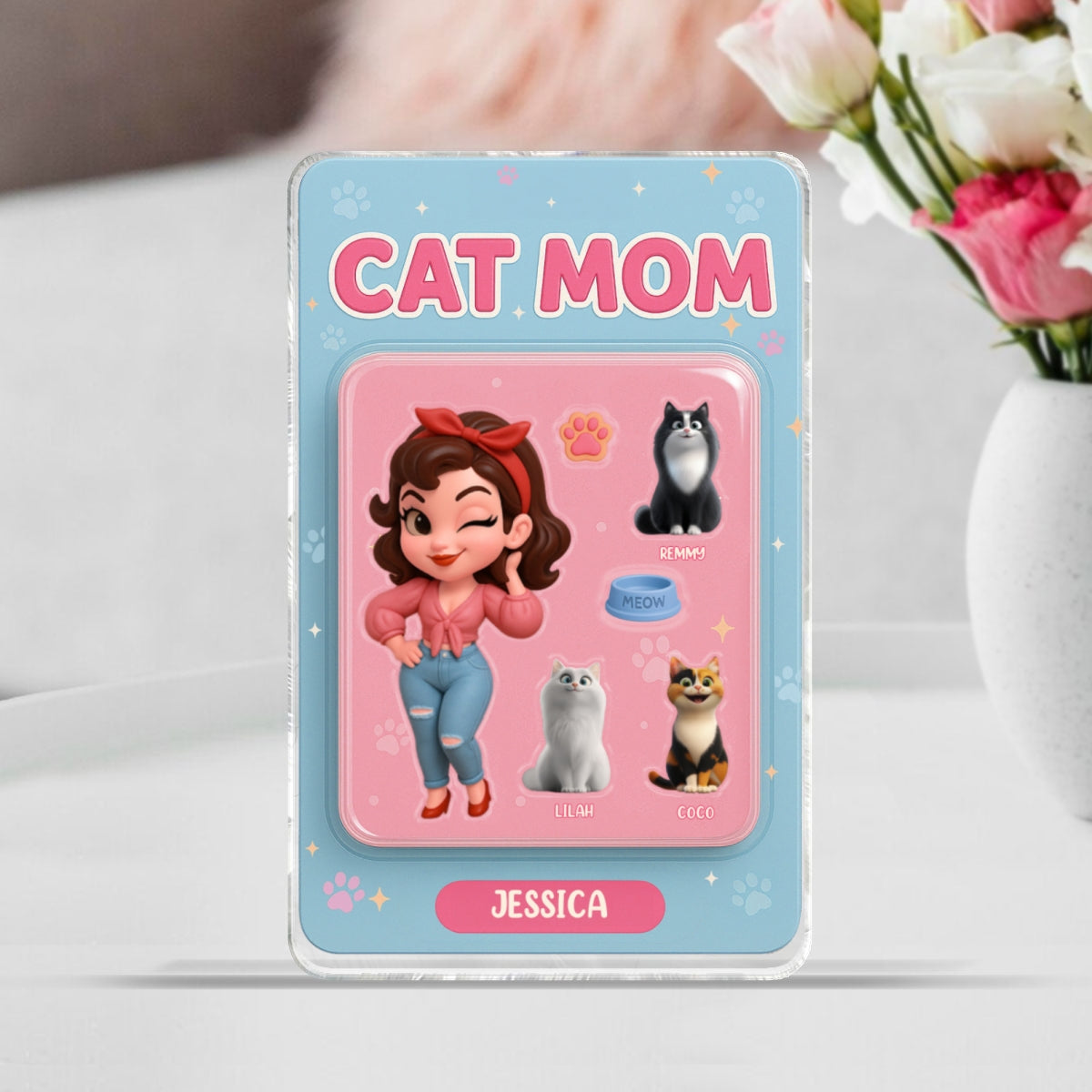 Cat Mom Custom Figure Cute Cartoon Cats Personalized Acrylic Block Plaque, Gift for Cat Mom