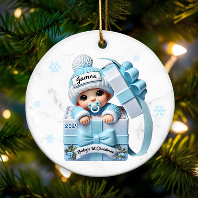 Baby Inside Gift Box Personalized Ceramic Ornament, Baby First Christmas Keepsake