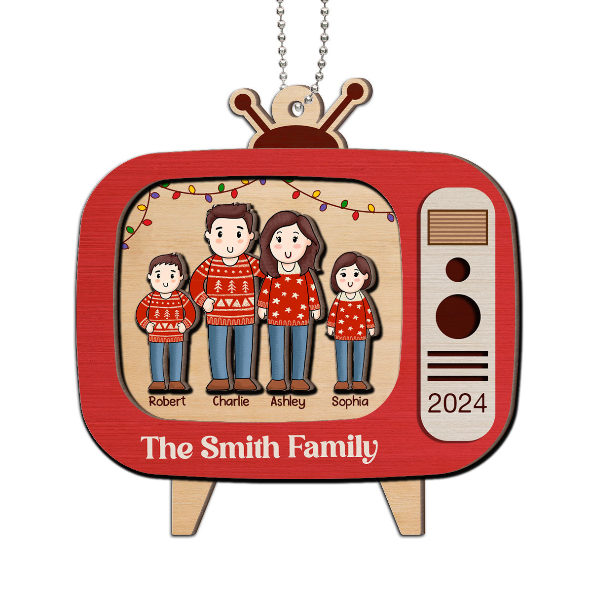 Comic Family In Christmas Red Retro Televison Personalized 2-Layer Wooden Ornament