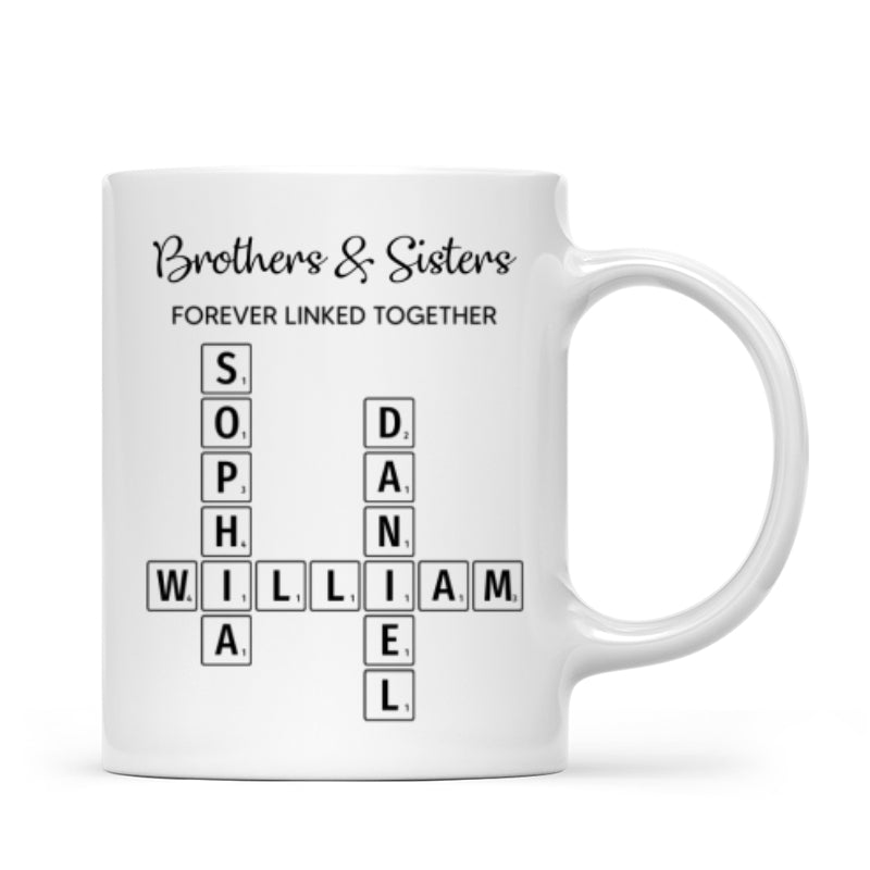 Brothers & Sisters Forever Linked Together Crossword Puzzle Art Personalized Mug, Gift For Brothers, Sisters, Siblings, Family