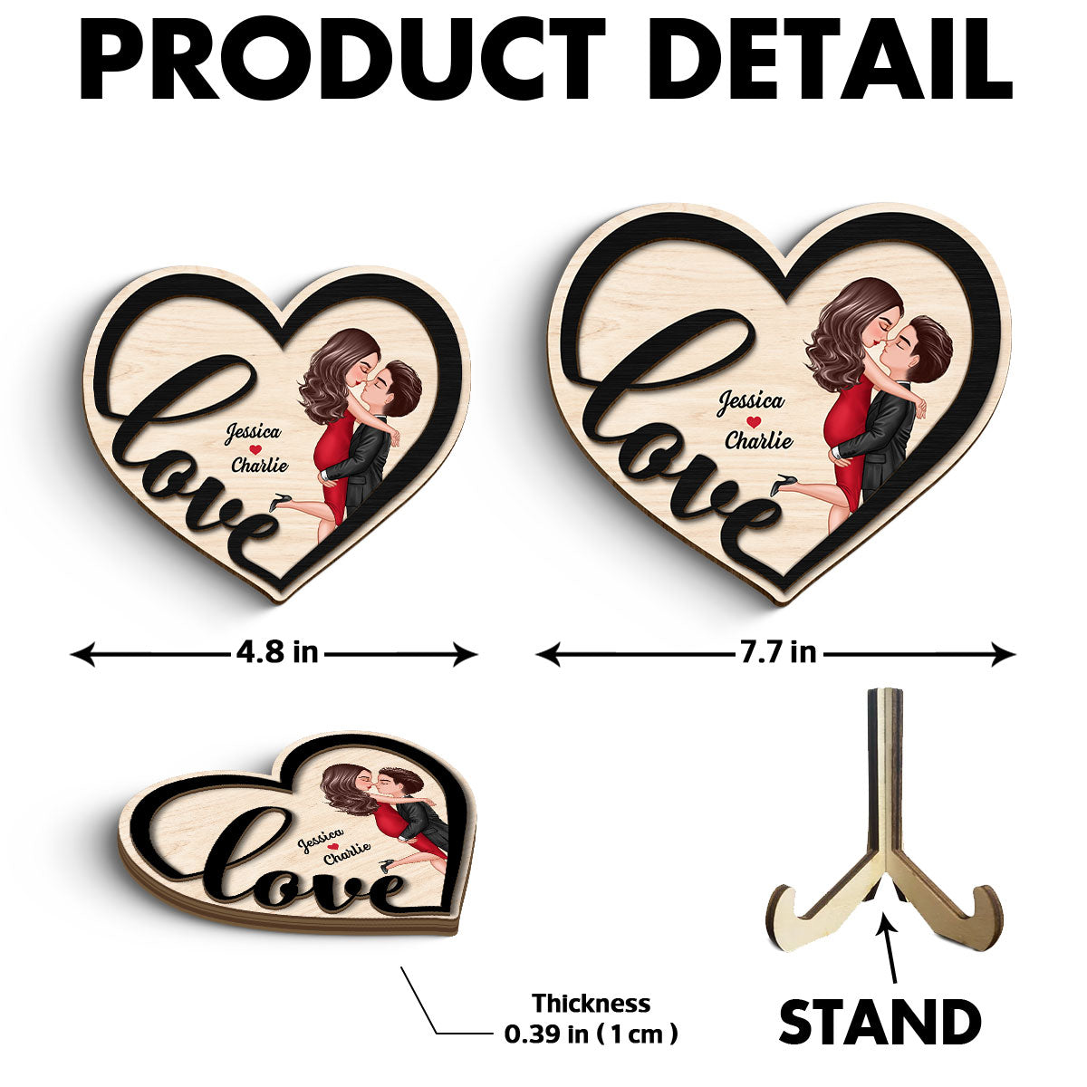 Couple Love Heart Hugging Kissing Personalized 2-layer Wooden Plaque