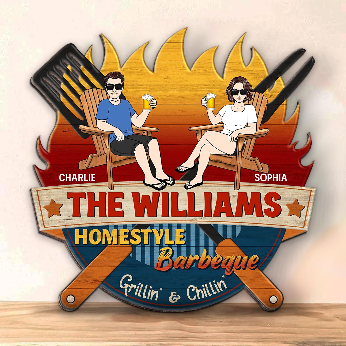 Homestyle Barbeque Couple Sitting Personalized Wood Sign