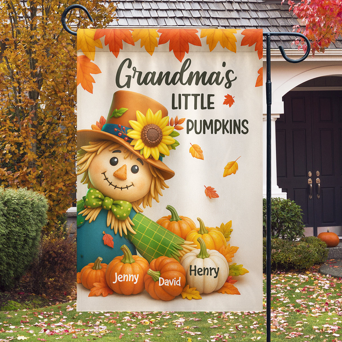 Grandma's Pumpkin Patch Scarecrow Personalized Garden Flag, Cozy Fall Decor for Grandma