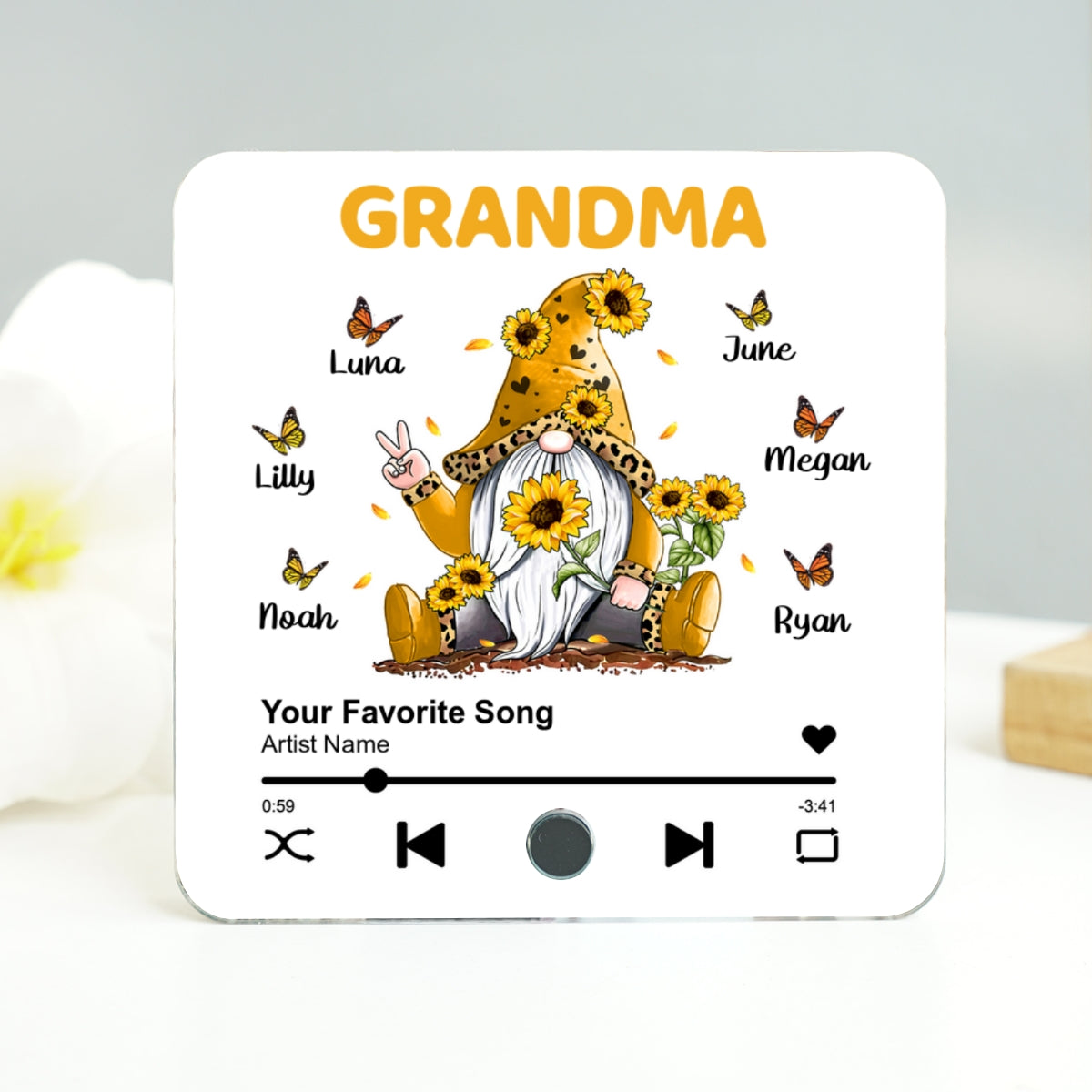 Sunflower Gnome Butterflies Grandma With Grandkids Personalized Music Fridge Magnet, Heartfelt Gift For Mom For Grandma