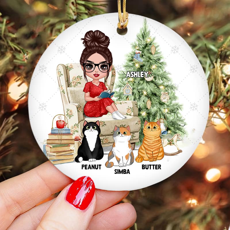Girl Reading With Cats Christmas Personalized Circle Ornament