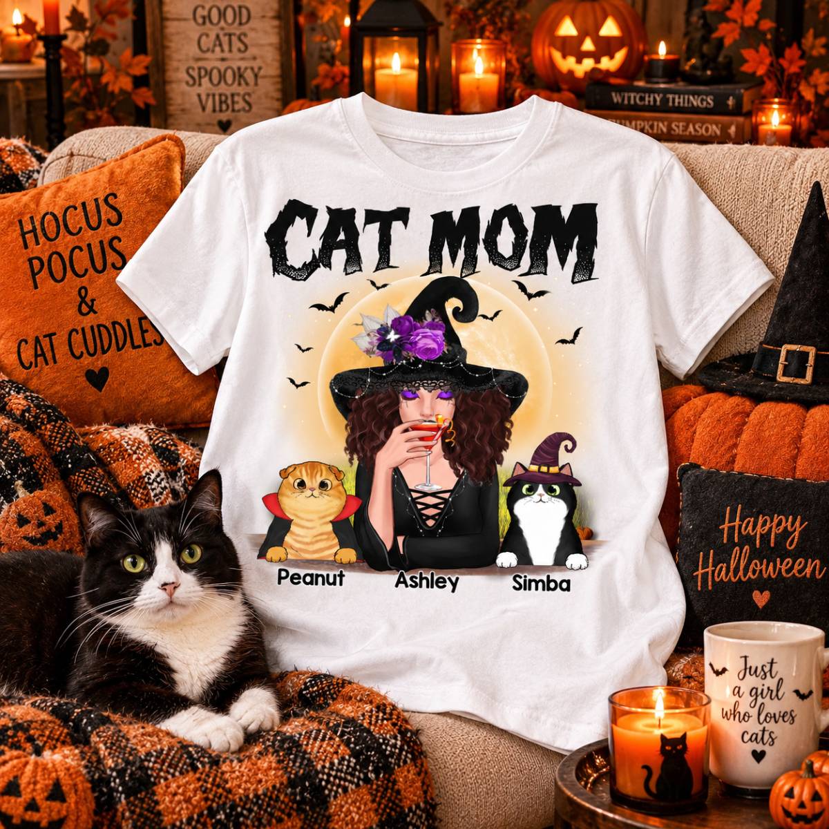 Halloween Witch Cat Mom - Personalized Shirt - Halloween Gift For Cat Lovers