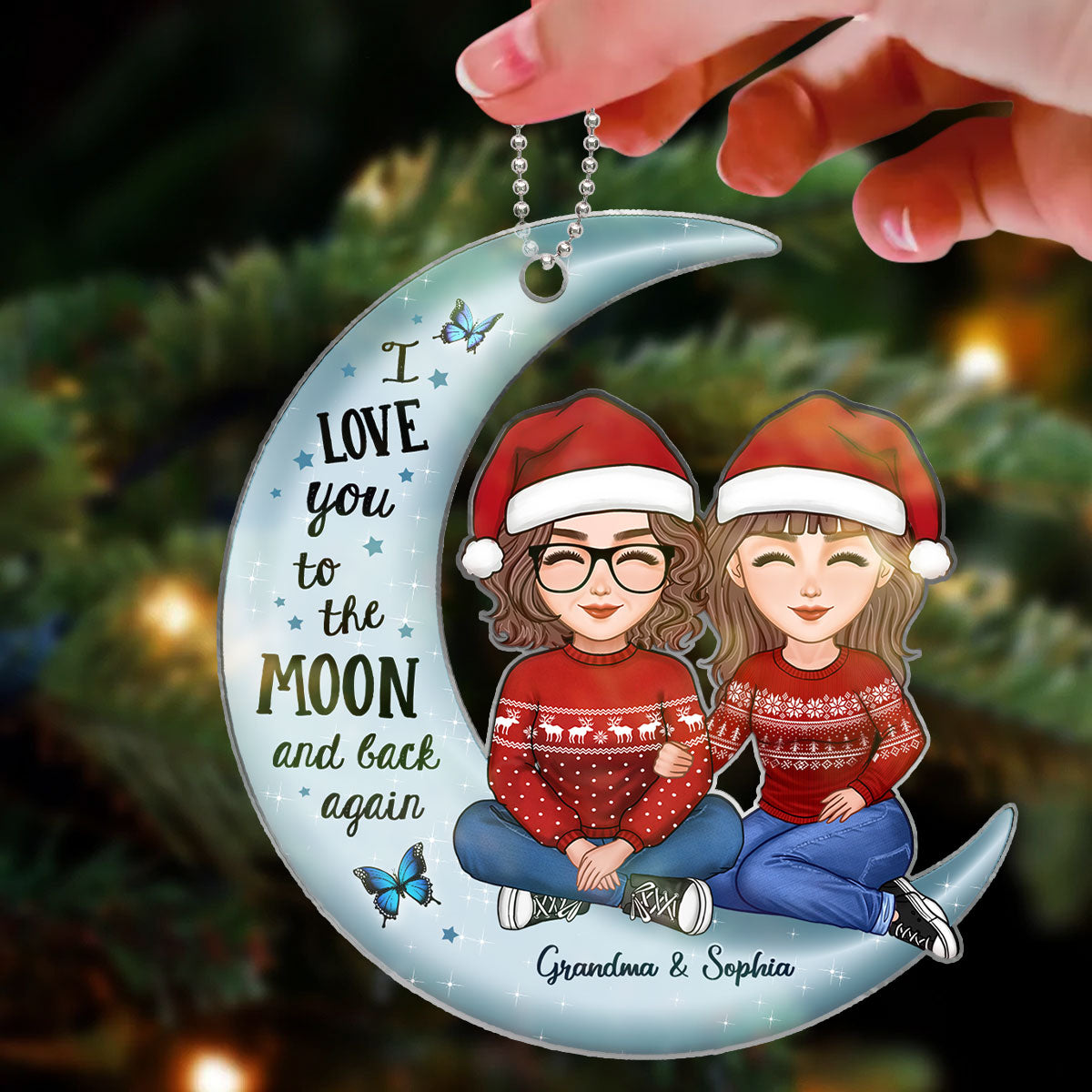 Cute Grandma & Teenage Grandkid Granddaughter Grandson On Moon Personalized Acrylic Ornament