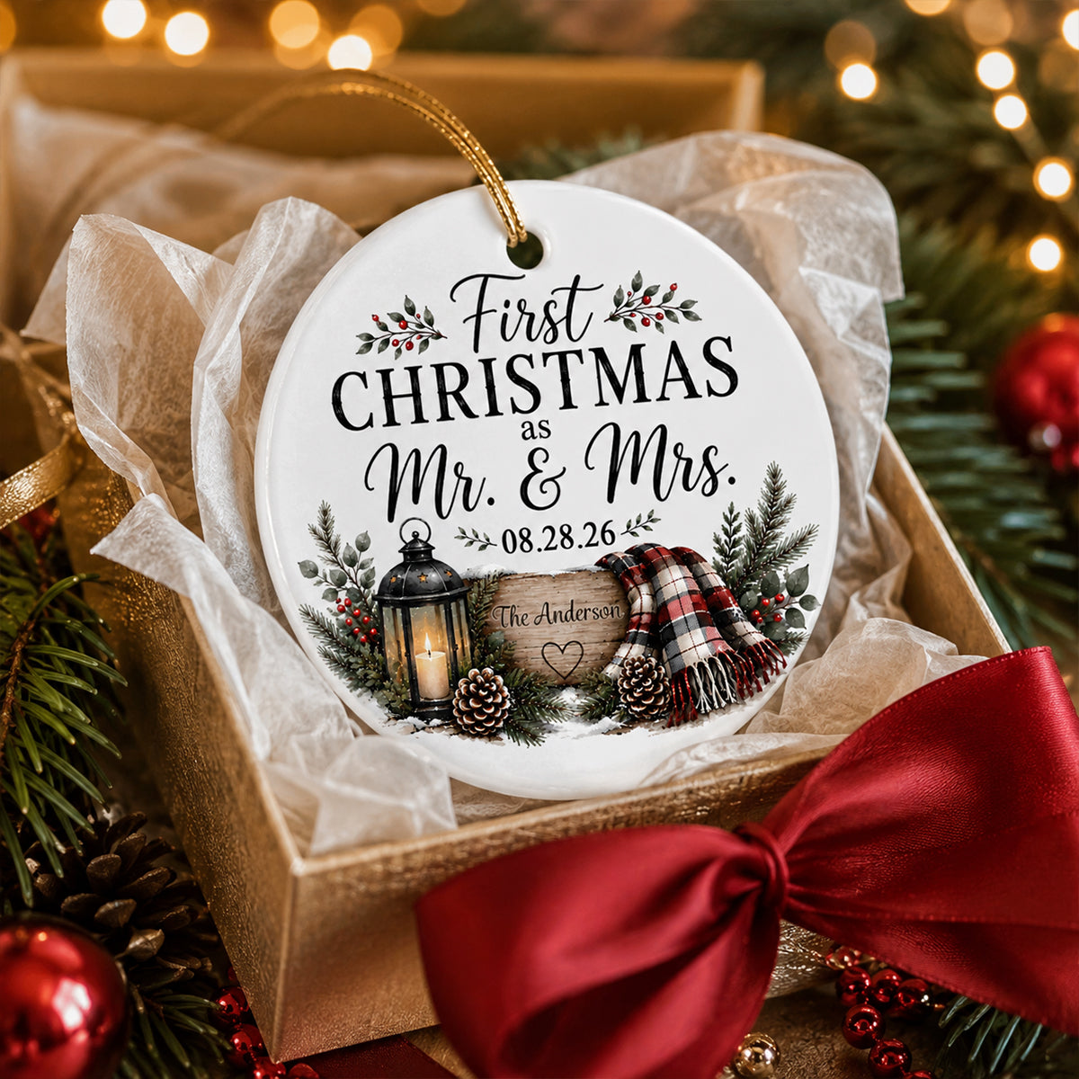 First Christmas as Mr & Mrs - Personalized Ceramic Ornament - Newlywed Rustic Gift, Heartfelt Christmas Keepsake