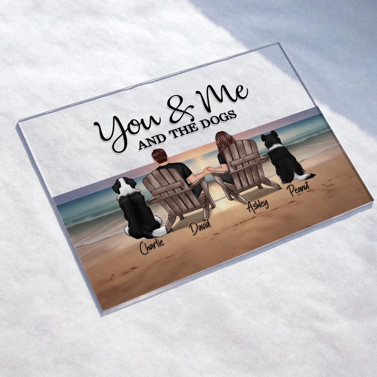 You Me And The Dogs Cats Couple Realistic Beach Landscape Personalized Acrylic Plaque, Gift For Him, For Her
