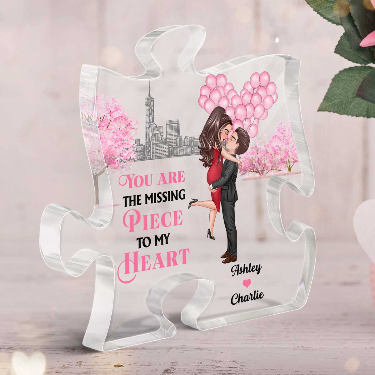 Skyline Pink Tree Heart Balloon Kissing Hugging Couple Personalized Acrylic Puzzle Plaque