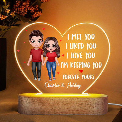 Doll Couple Standing I Met You Like You Love You Gift For Him For Her Personalized Acrylic Heart Plaque LED Lamp Night Light