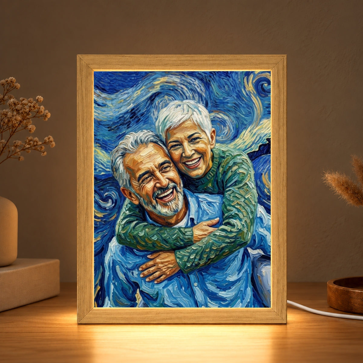 Custom Couple Van Gogh Portrait from Photo - Personalized Mirror Light Box - Heartfelt Anniversary Gift for Her, for Him, Christmas Keepsake