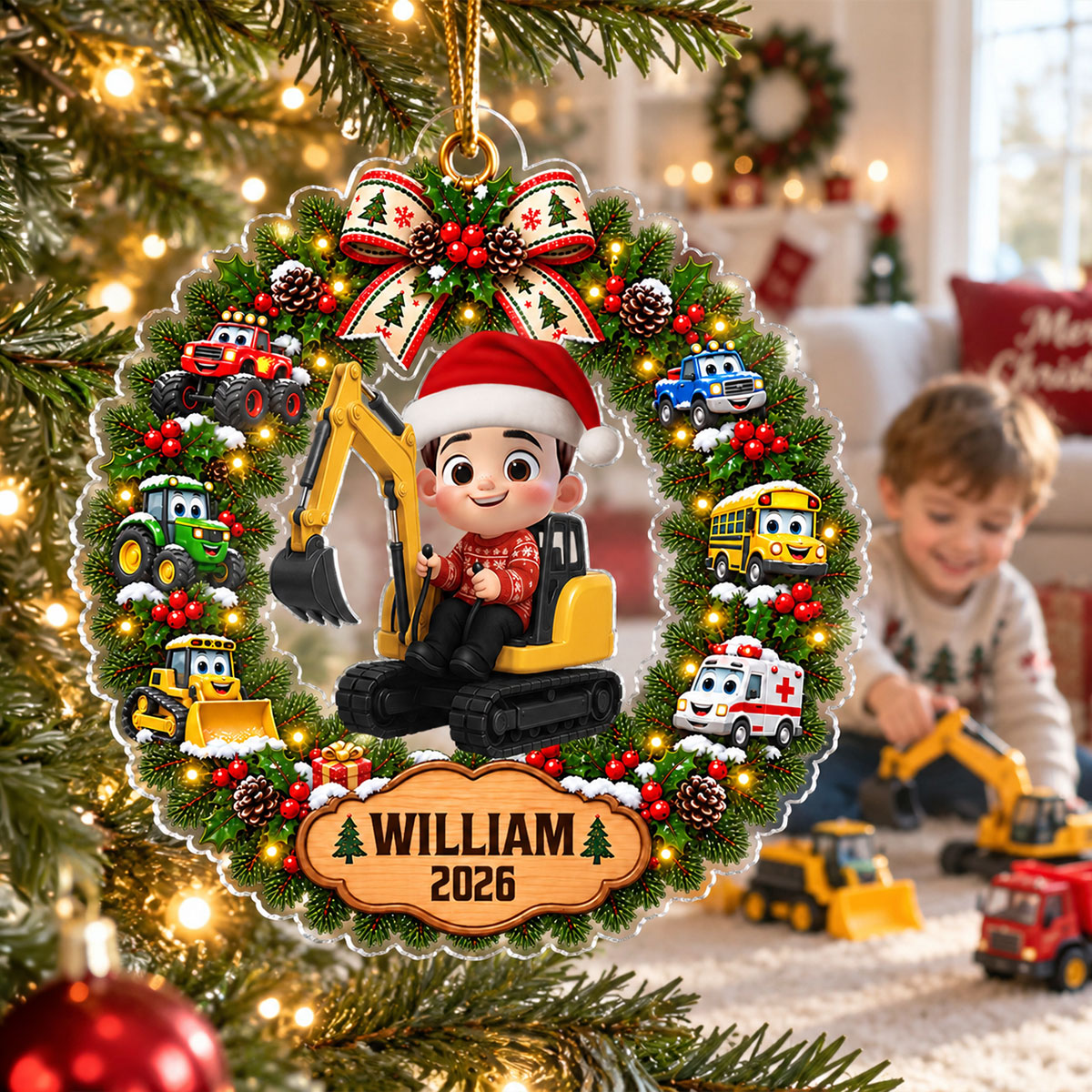 Little Boy Kid With Excavator - Personalized Acrylic Ornament - Christmas Gift For Grandkids