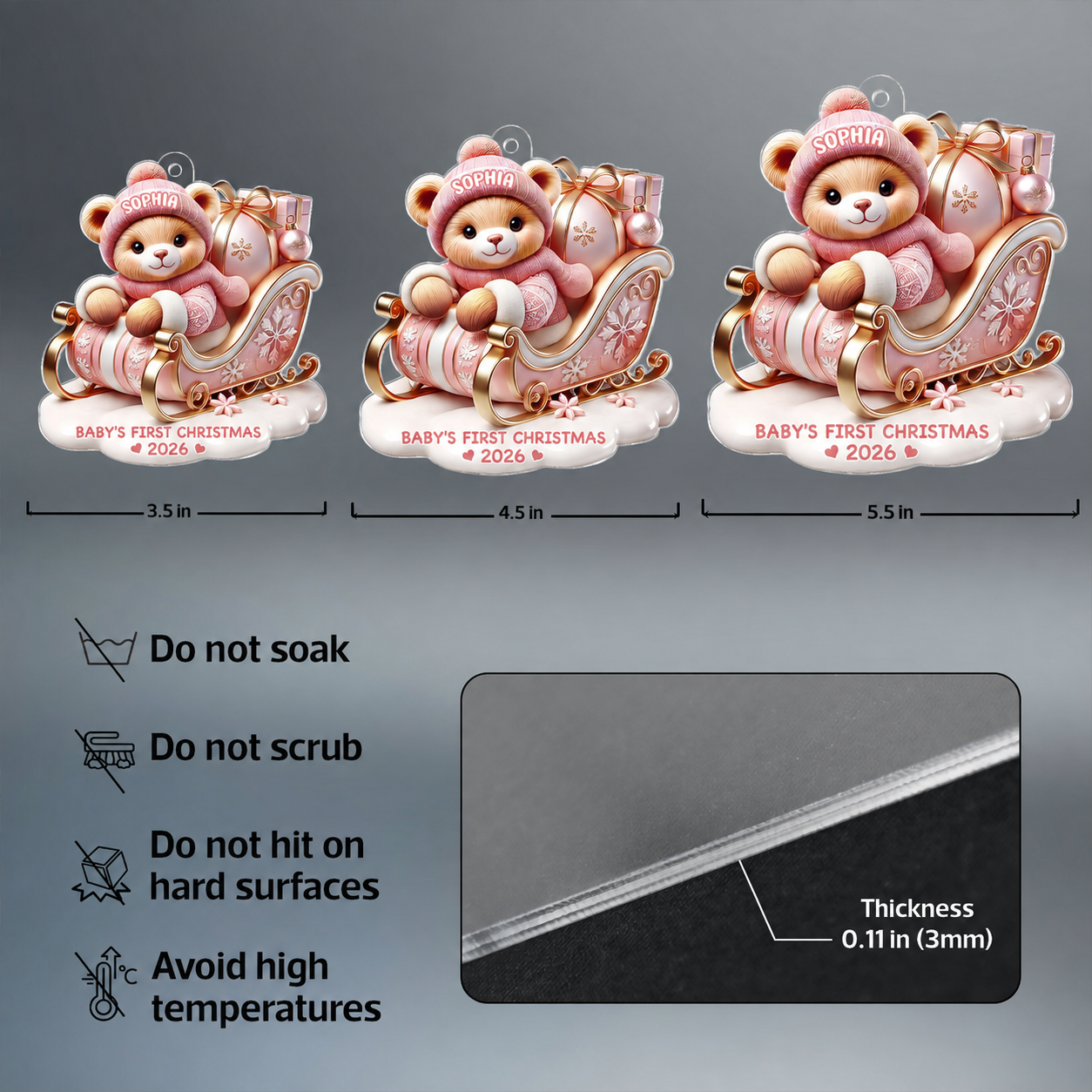 3D Effect Teddy Bear First Christmas Personalized Acrylic Ornament, Christmas Gift For Newborns, New Parents