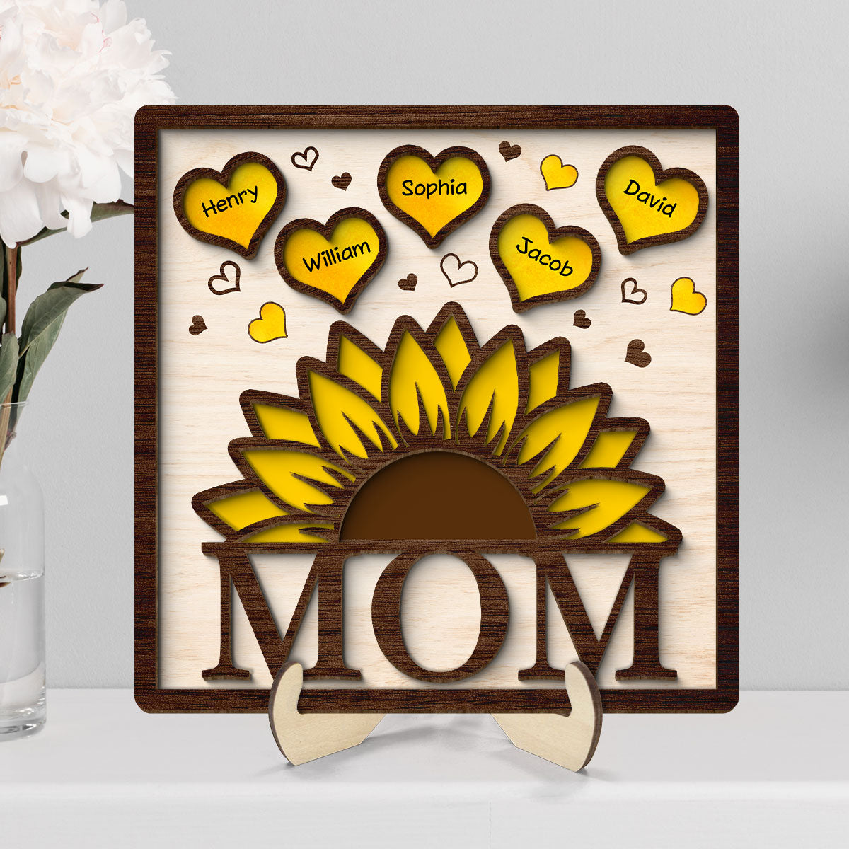 Grandma Mom Sunflower Hearts With Kids Names Personalized 2-layer Wooden Plaque